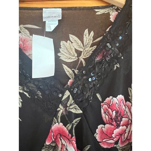 VTG Womens Sequin Stretchy Floral Shirt 18/20 Black Y2K  V-Neck Roses - Picture 3 of 4